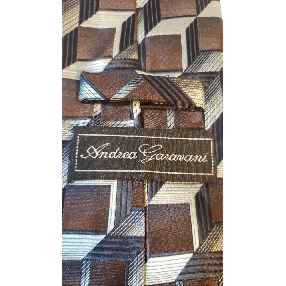 Andrea Garavani Neck Tie Mens Brown Blue‎ Geometric 100% Micro Fiber Business